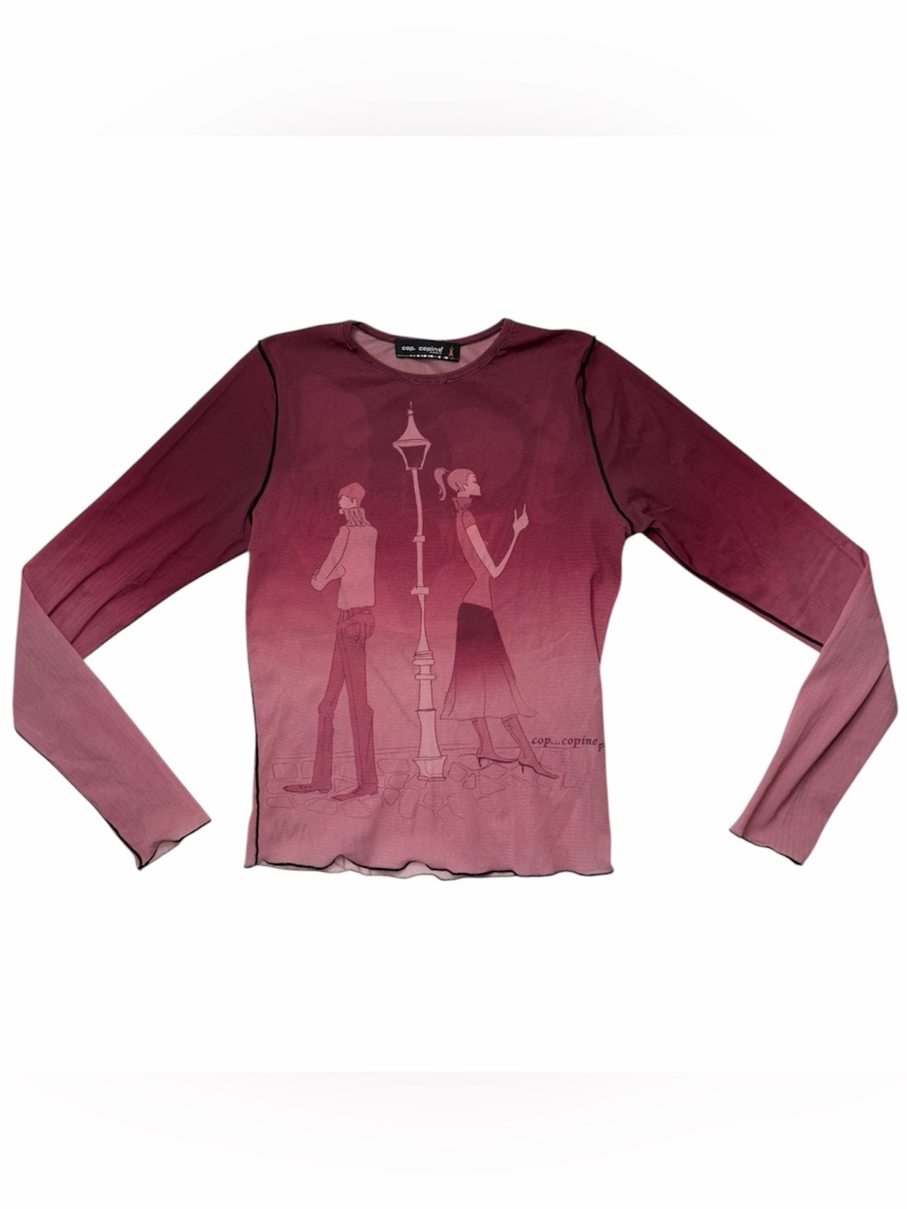 Cop Copine Y2K Mesh Long Sleeve Top Burgundy Ombre Parisian Graphic Size S